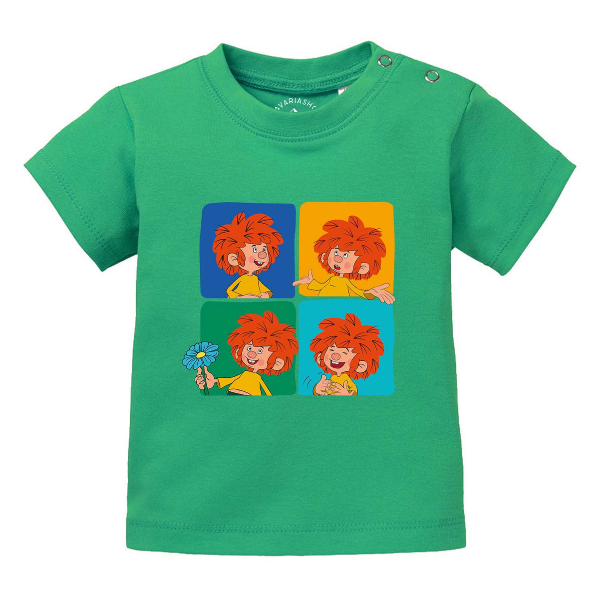 Grünes Pumuckl Baby T-Shirt Meisterwerk mit vier verschiedenen Gesichtsausdrücken des rothaarigen Kobolds.