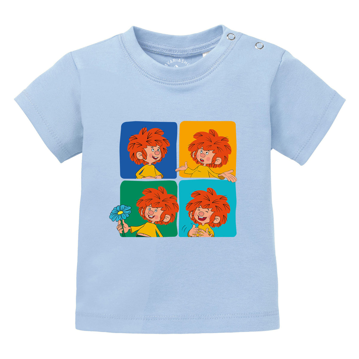 Helles Pumuckl Baby T-Shirt Meisterwerk mit vier bunten Quadraten, die den Kobold in verschiedenen Posen zeigen.