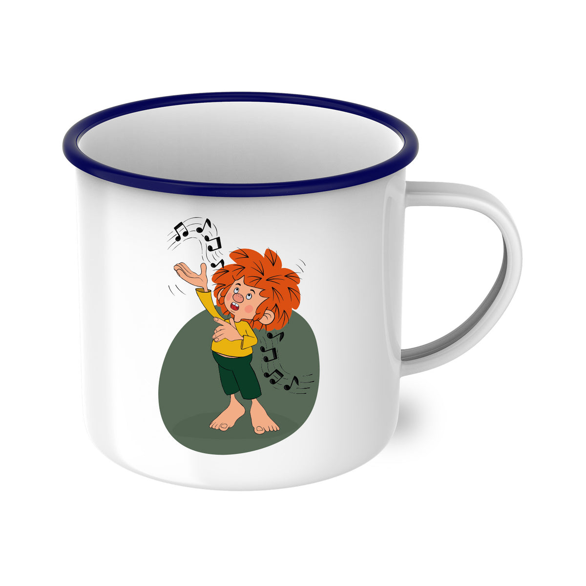 ®Pumuckl Emaille-Tasse Musik, weiß mit blauem Rand und Pumuckl-Motiv, der Noten in die Luft wirft.