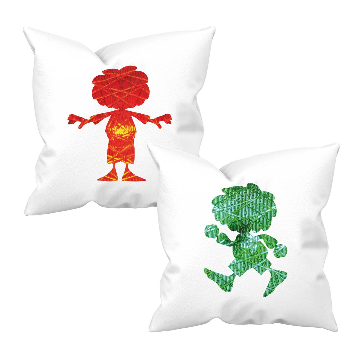 Zwei weiße Pumuckl Kuschelkissen Ampel-Edition: eines mit rotem, stehendem Pumuckl und eines mit grünem, laufendem Pumuckl.