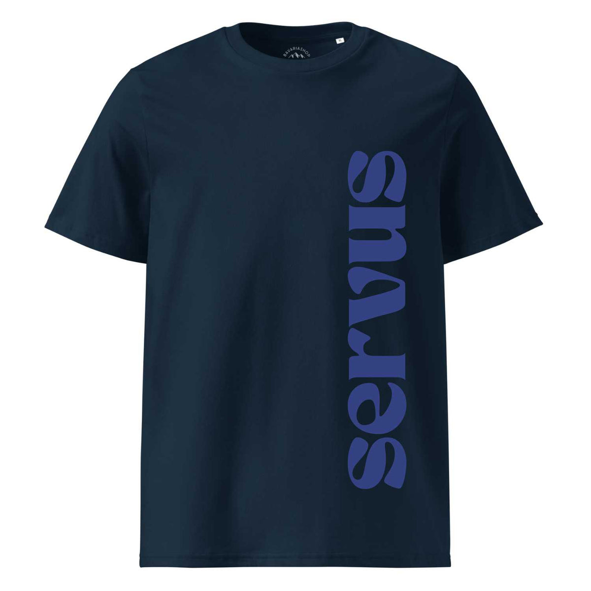 Dunkelblaues Herren T-Shirt Servus mit vertikalem, hellblauem Servus-Aufdruck in Schreibschrift.