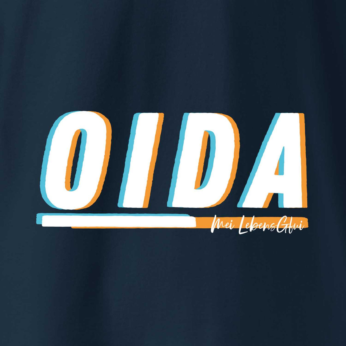 Dunkelblaues Herren T-Shirt "Oida" mit weißem, orange-blau hinterlegtem Schriftzug und "Mei Lebensgfui".