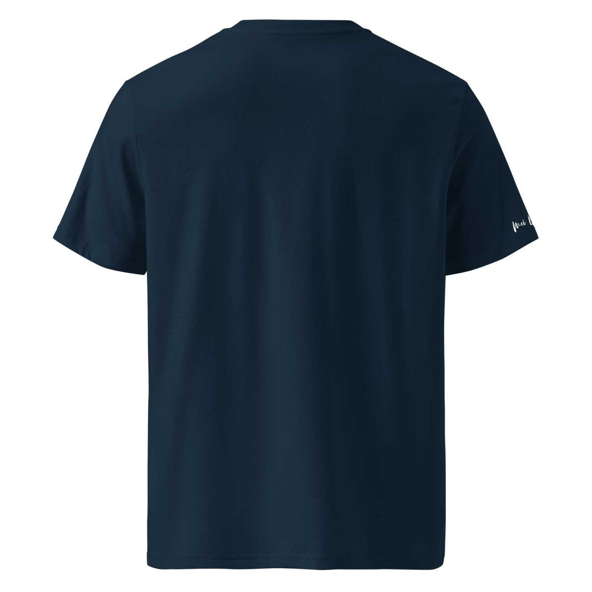 Rückansicht des dunkelblauen Herren T-Shirts "Bring ma no a Hoibe" aus Baumwolle mit kleinem weißen Schriftzug.