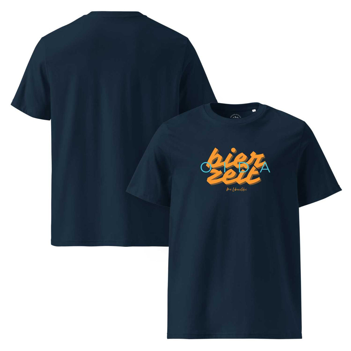 Dunkelblaues Herren T-Shirt Bierzeit mit hellblauem und orangefarbenem Schriftzug auf der Brust.