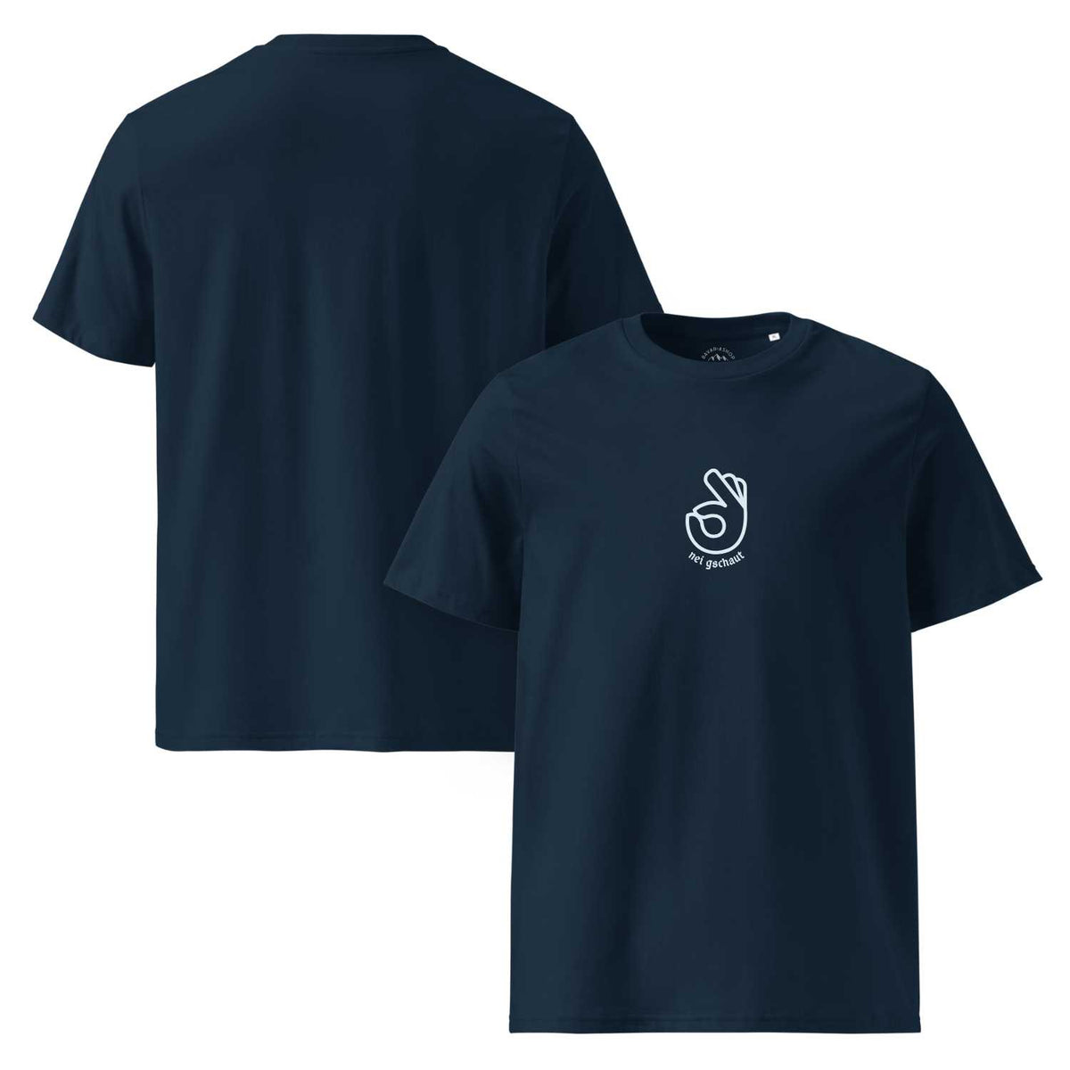 Dunkelblaues Herren T-Shirt Nei gschaut mit weißem "OK"-Handzeichen und Schriftzug, Rückseite sichtbar.