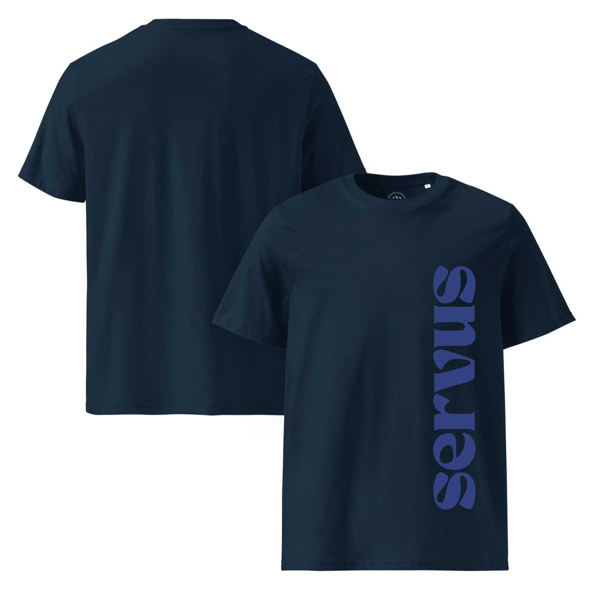 Dunkelblaues Herren T-Shirt Servus mit blauem vertikalen Schriftzug auf der Vorderseite, Rückansicht sichtbar.