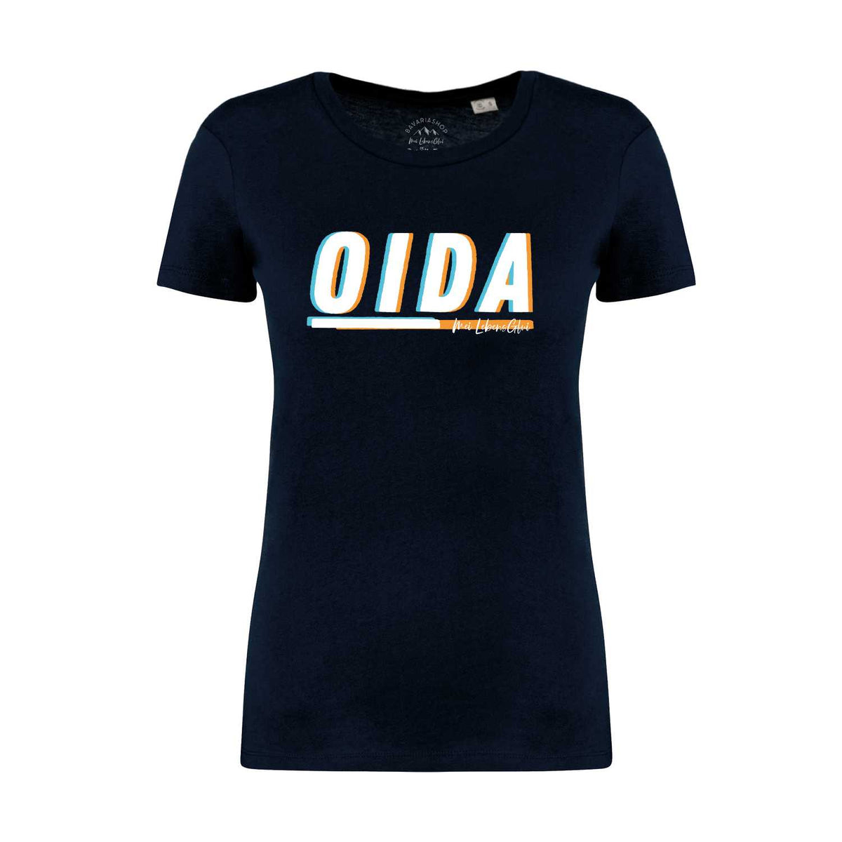 Damen T-Shirt Oida in Dunkelblau mit farbigem Oida-Schriftzug in 3D-Optik, Kurzarm und Rundhals.