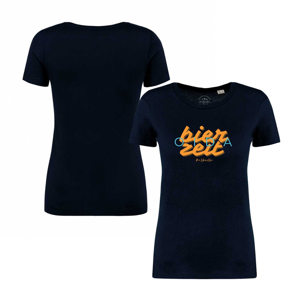 Damen T-Shirt Bierzeit in Dunkelblau mit farbigem Bierzeit-Aufdruck vorne und unbedruckter Rückseite