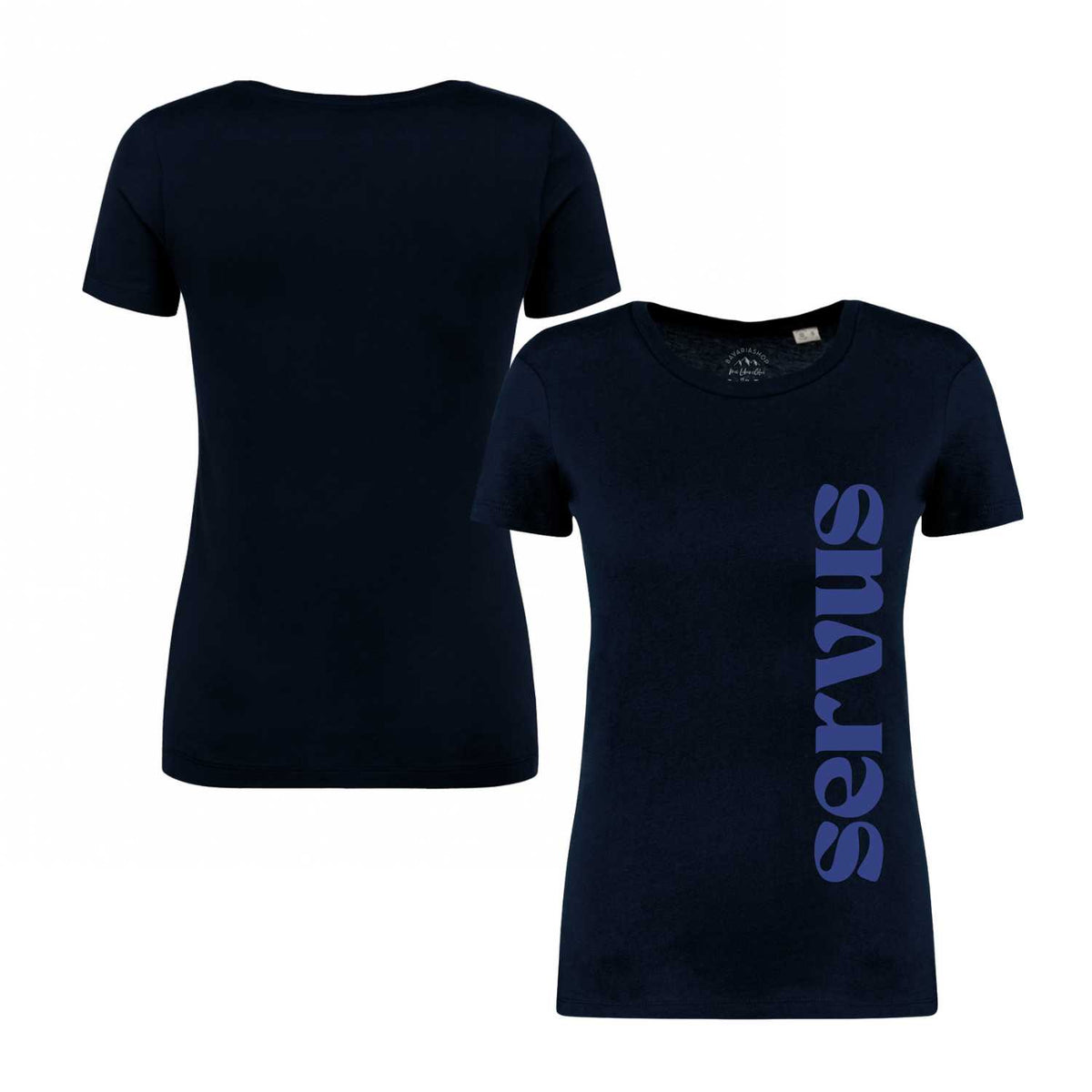 Dunkelblaues Damen T-Shirt Servus mit lila senkrechtem Schriftzug, Vorder- und Rückansicht des bequemen Shirts.