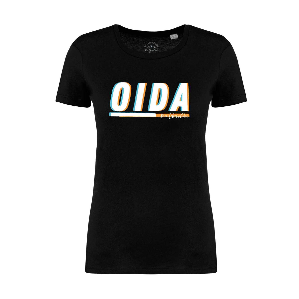 Schwarzes Damen T-Shirt "Oida" mit weißem Schriftzug, blauer und oranger 3D-Kontur.