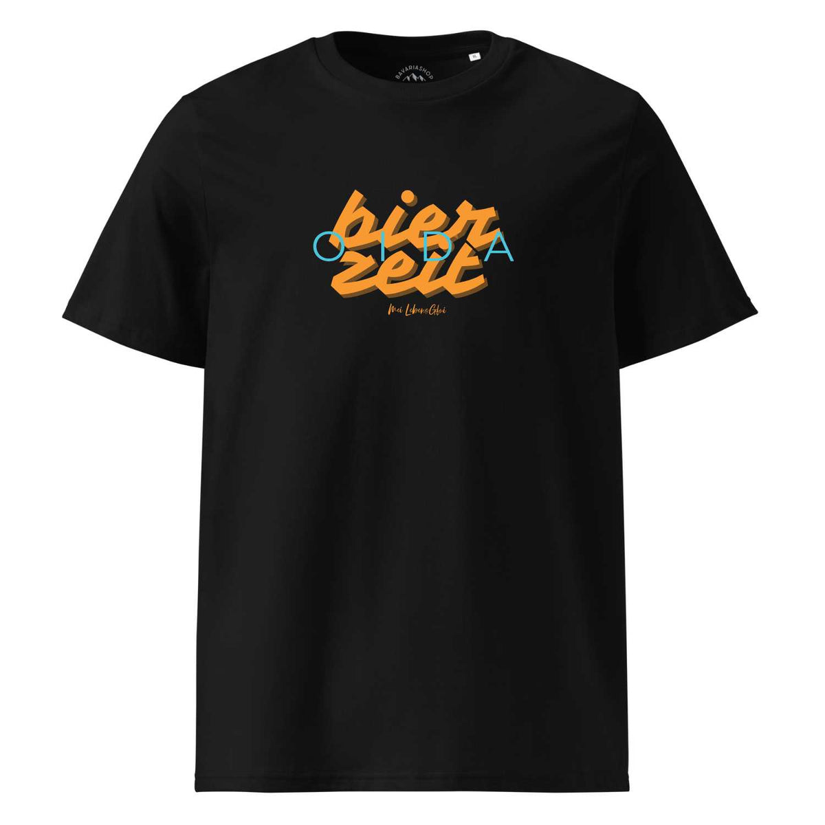 Schwarzes Herren T-Shirt "Bierzeit" mit orange und blauem Schriftzug und kurzem Arm