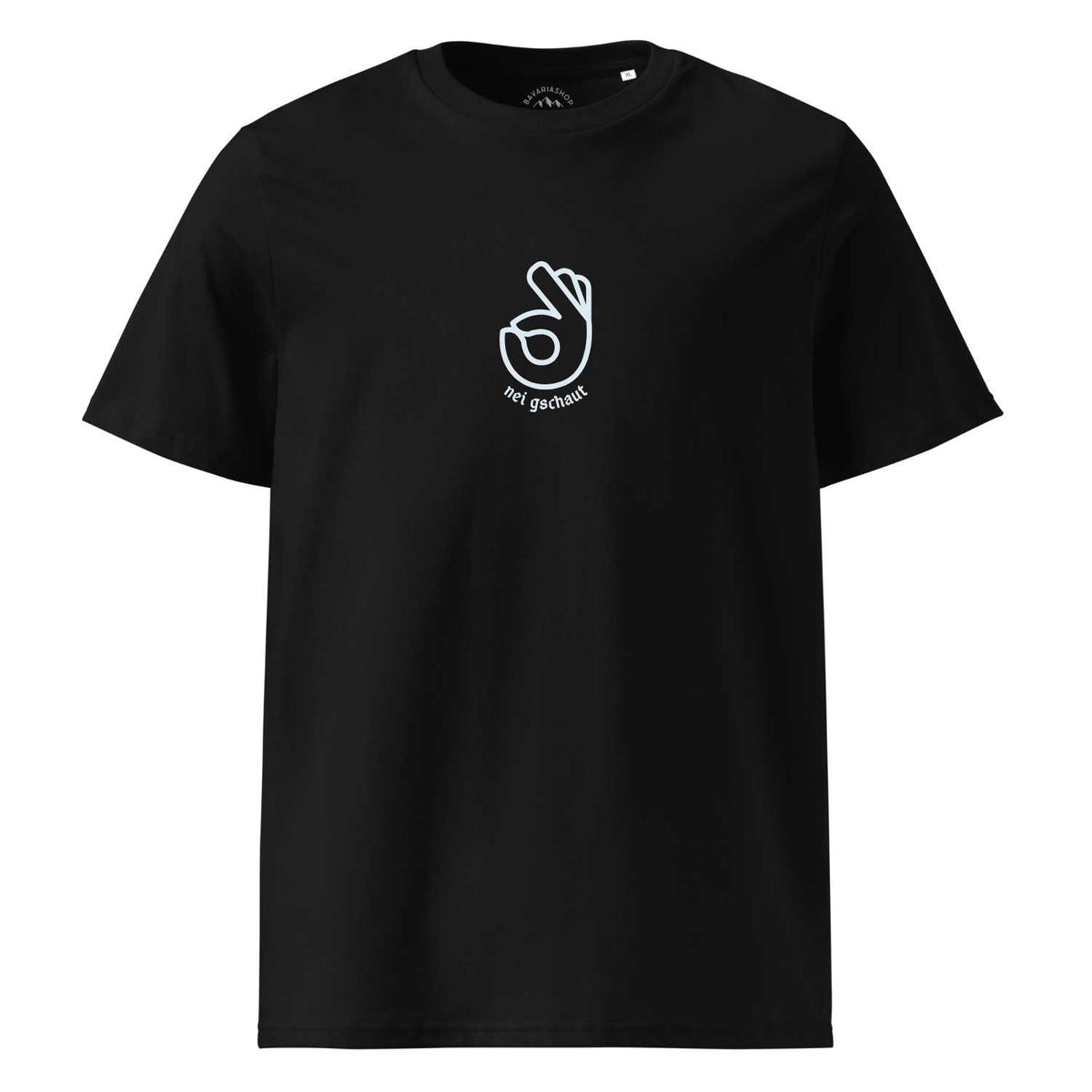 Schwarzes Herren T-Shirt "Nei gschaut" mit weißem Umriss einer Hand und bayerischem Schriftzug.