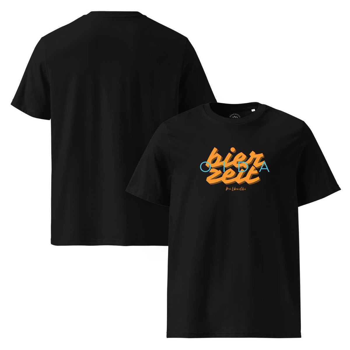 Schwarzes Herren T-Shirt "Bierzeit" mit orange-blauem Schriftzug vorne, Vorder- und Rückseite sichtbar.
