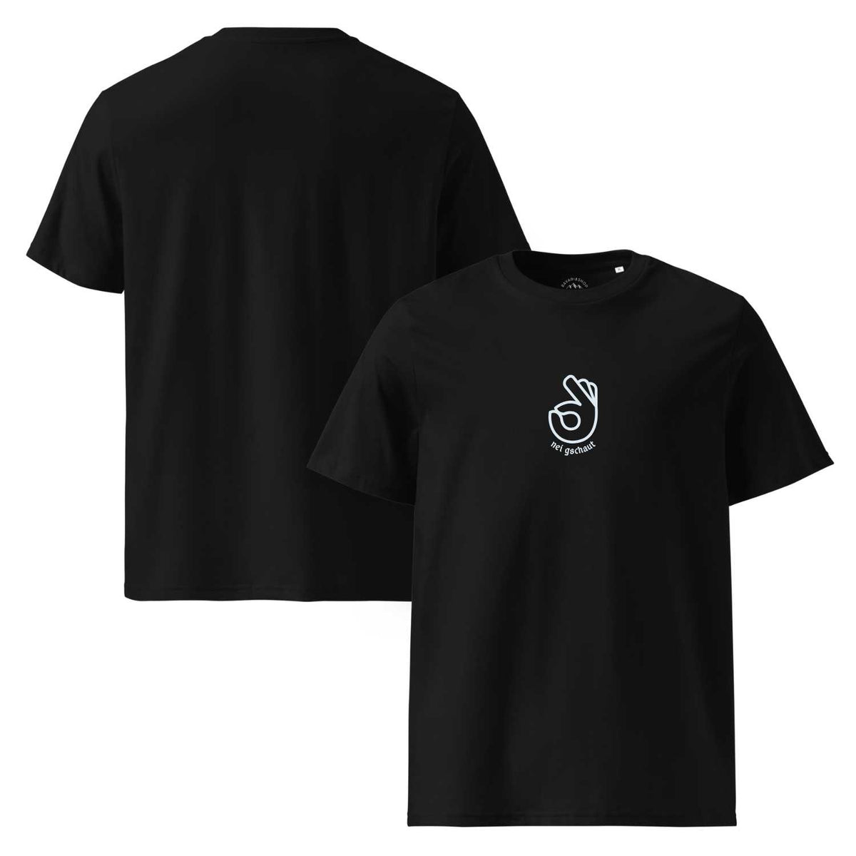 Schwarzes Herren T-Shirt Nei gschaut mit weißem OK-Zeichen und Schriftzug, Vorder- und Rückseite Ansicht.