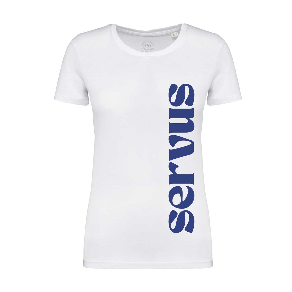 Damen T-Shirt Servus in Weiß mit blauem, vertikalem "servus"-Aufdruck, kurzärmelig, Rundhalsausschnitt.