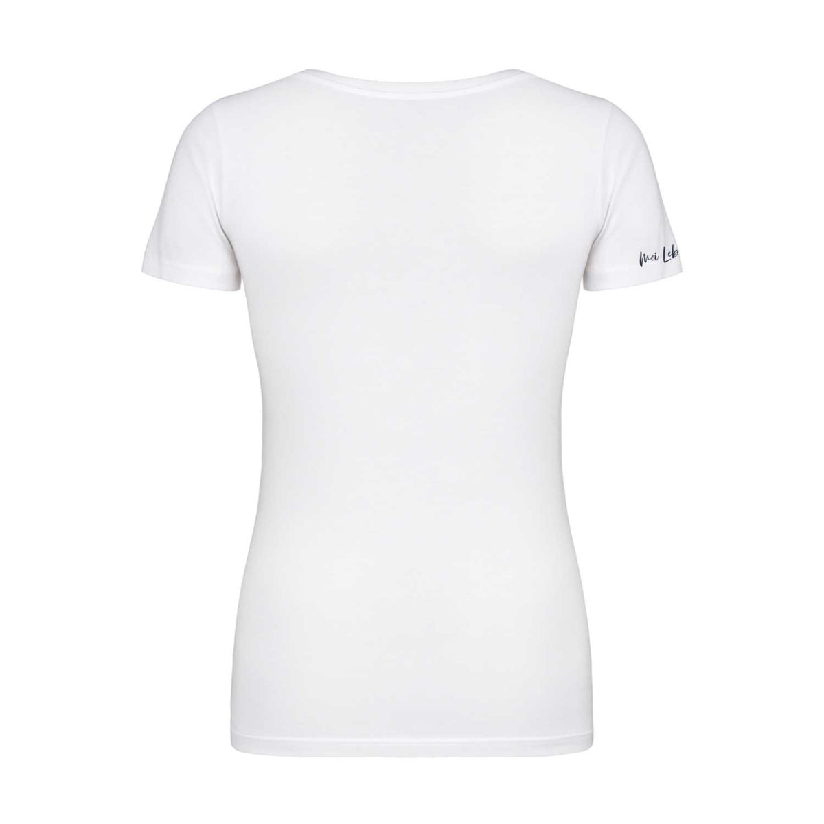 Rückenansicht des weißen Damen T-Shirts Bring ma no a Hoibe mit dezentem Logo auf dem Ärmel.