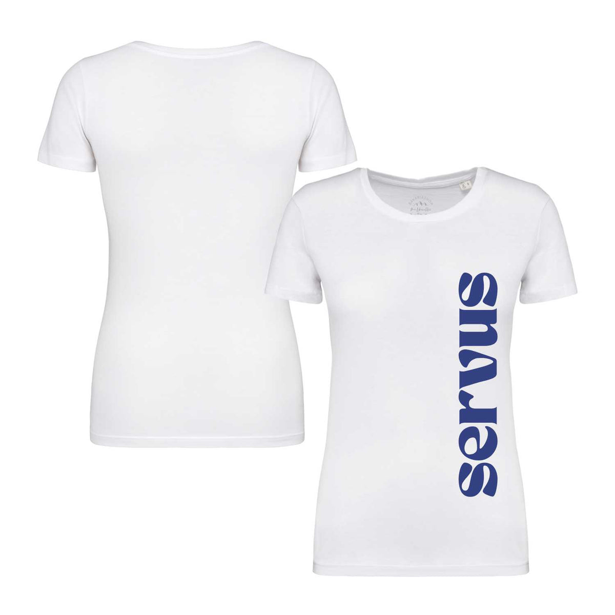 Weißes Damen T-Shirt Servus mit blauer Aufschrift vertikal auf der Vorderseite, Rückansicht des Shirts.