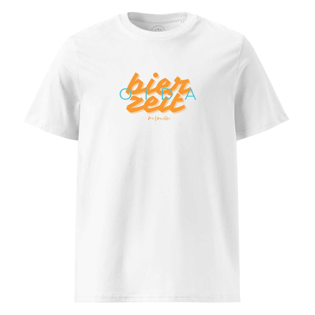Weißes Herren T-Shirt "Bierzeit" mit orange/türkiser Schrift und kleinem "Mei Lebens Gfui" Aufdruck.