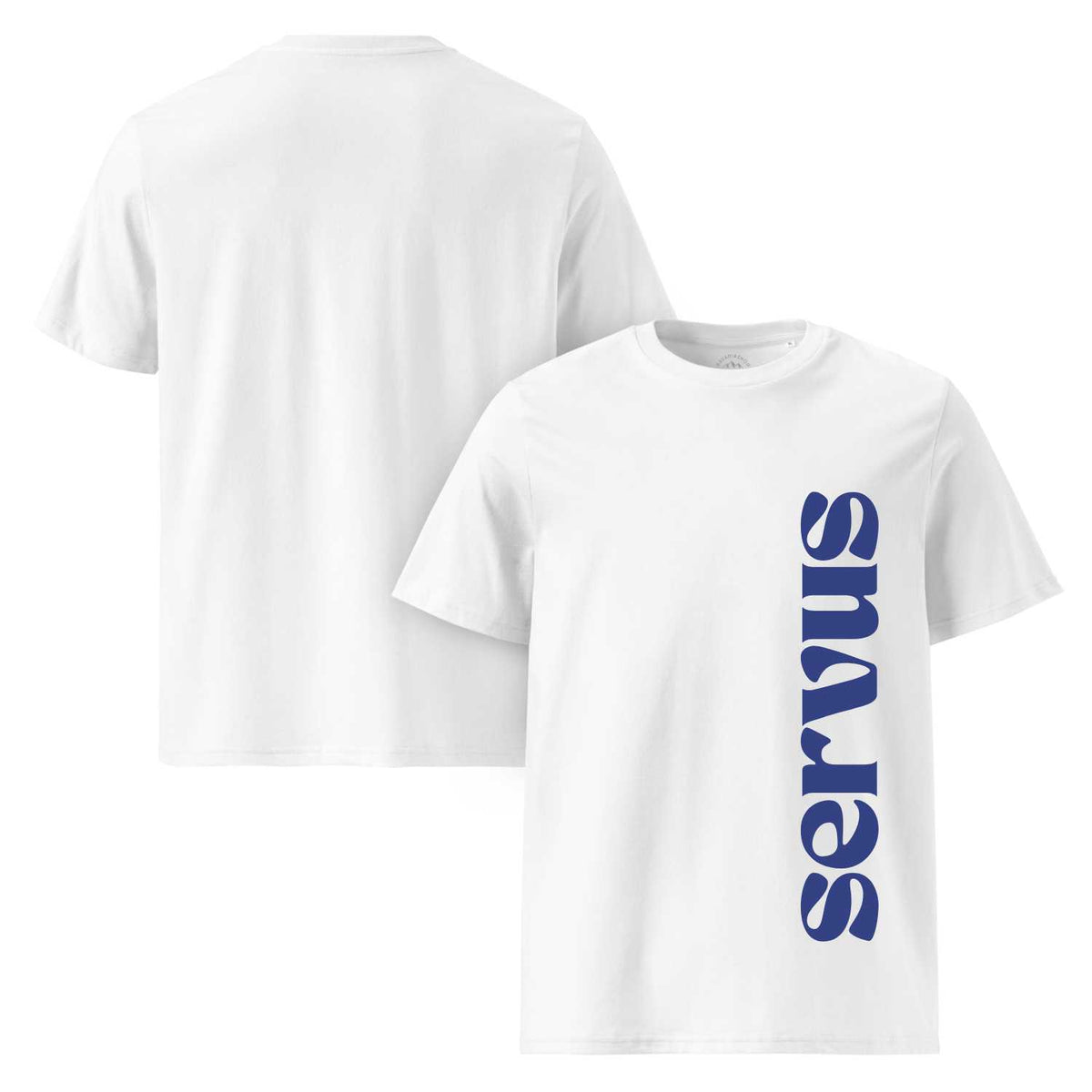 Weißes Herren T-Shirt "Servus" mit auffälligem vertikalen blauen Schriftzug auf der Vorderseite, klassischer Rundhalsausschnitt.