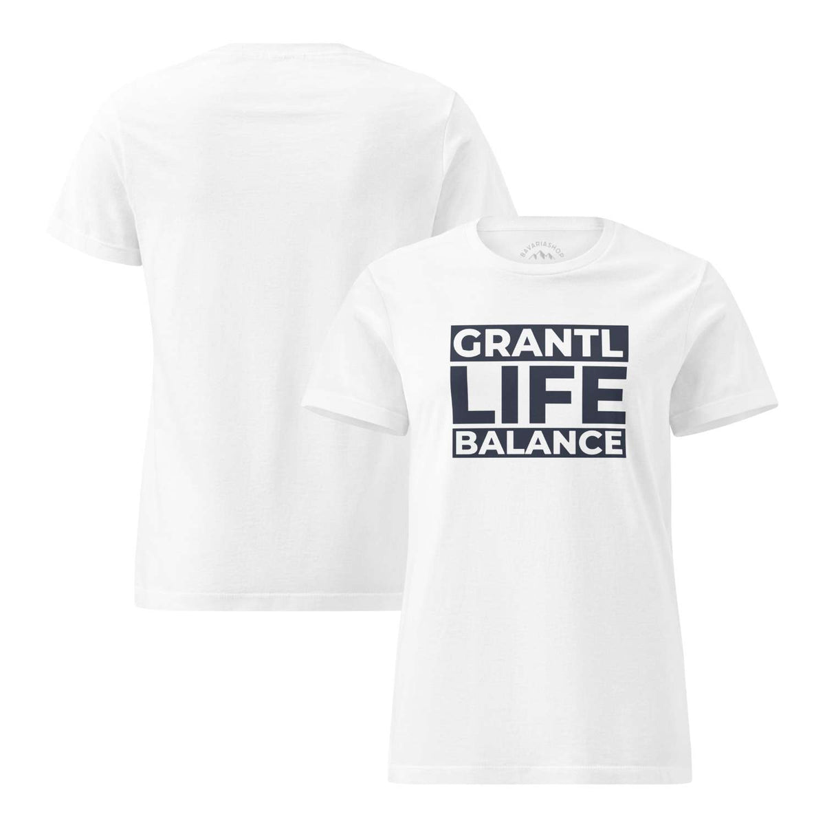 Weißes Damen T-Shirt Grantl Life Balance mit dunklem Schriftzug und kurzem Ärmel, Vorder- und Rückansicht.