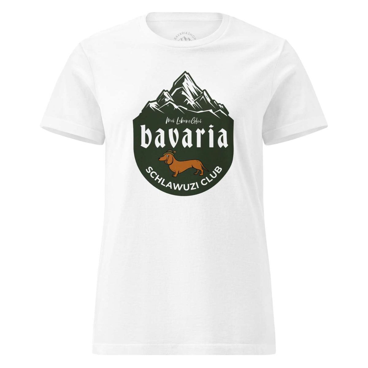 Weißes Damen T-Shirt Bavaria Schlawuzi Club mit dunkelgrünem Berg- und Dackelmotiv im bayerischen Stil.