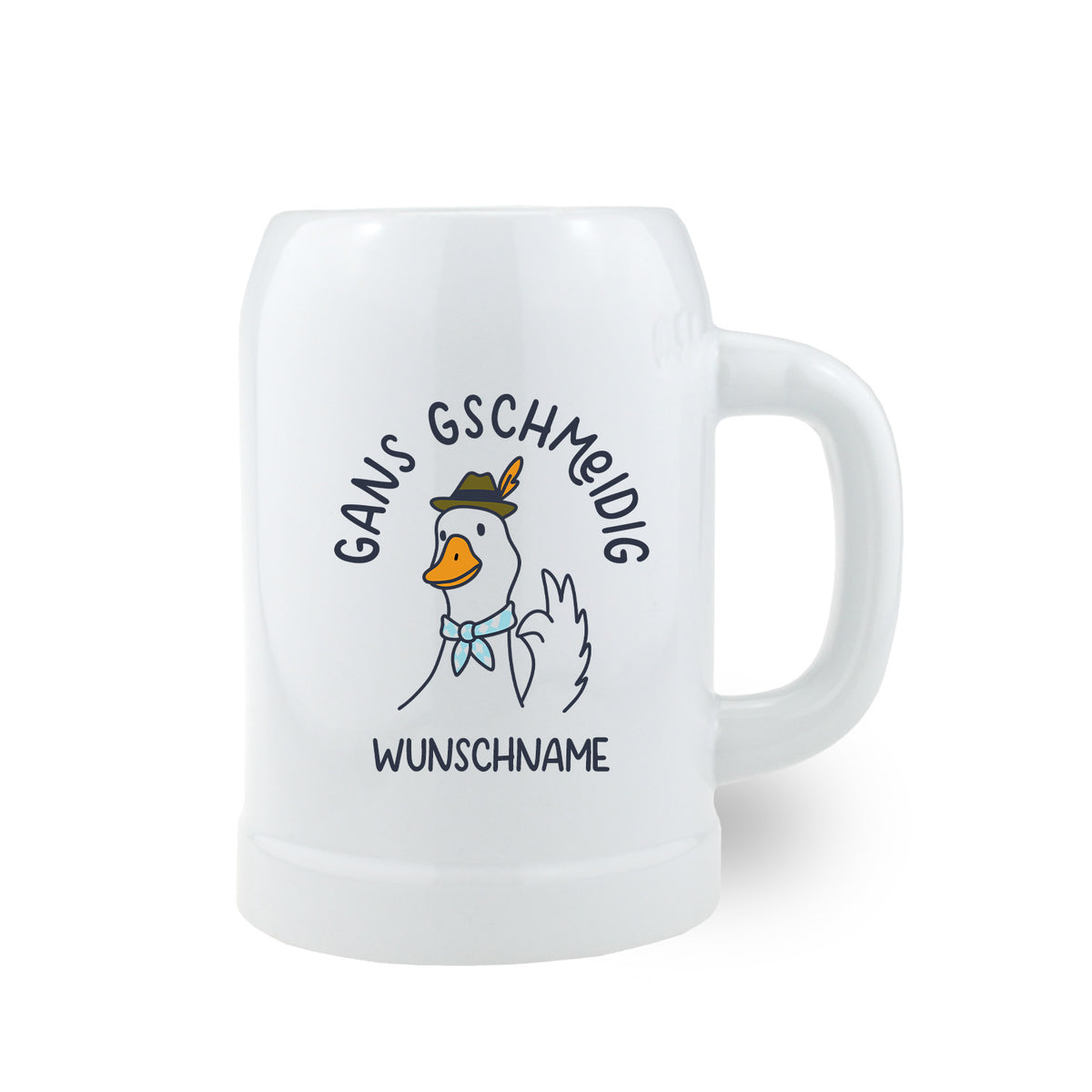 Weißer Bierkrug Gans Gschmeidig personalisierbar mit lustiger Gans im Trachtenhut und Wunschname.