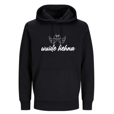 Schwarzer Hoodie Wuide Henna mit weißem Hühnermotiv und Schriftzug, Kapuze und Bauchtasche.