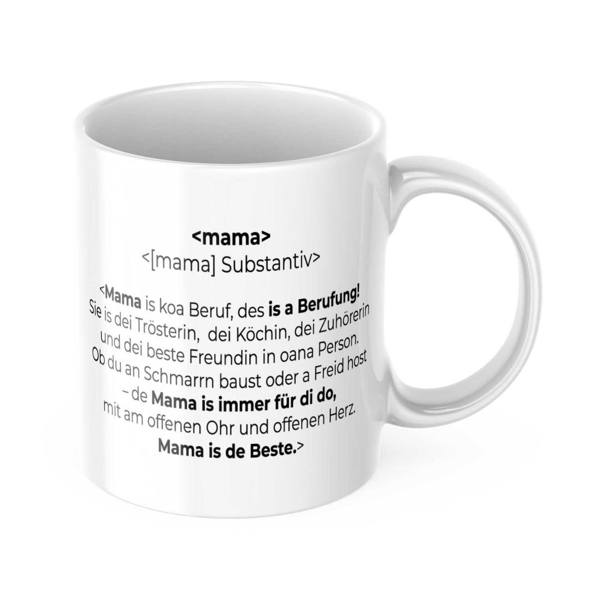 Weißes Kaffee Haferl "Mama Code" Tasse mit bayerischem Spruch über Mütter als beste Freundinnen.