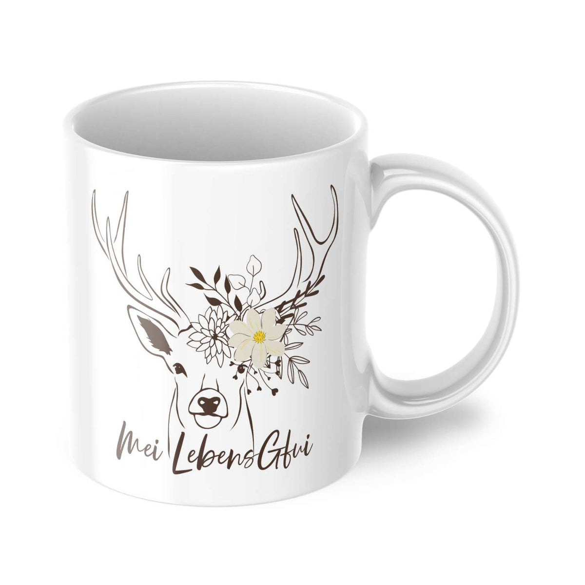 Weißes Kaffee Haferl "Hirsch" mit stilisiertem Hirschkopf, Geweih, Blumenkranz und Aufschrift Mei Lebens Gfui