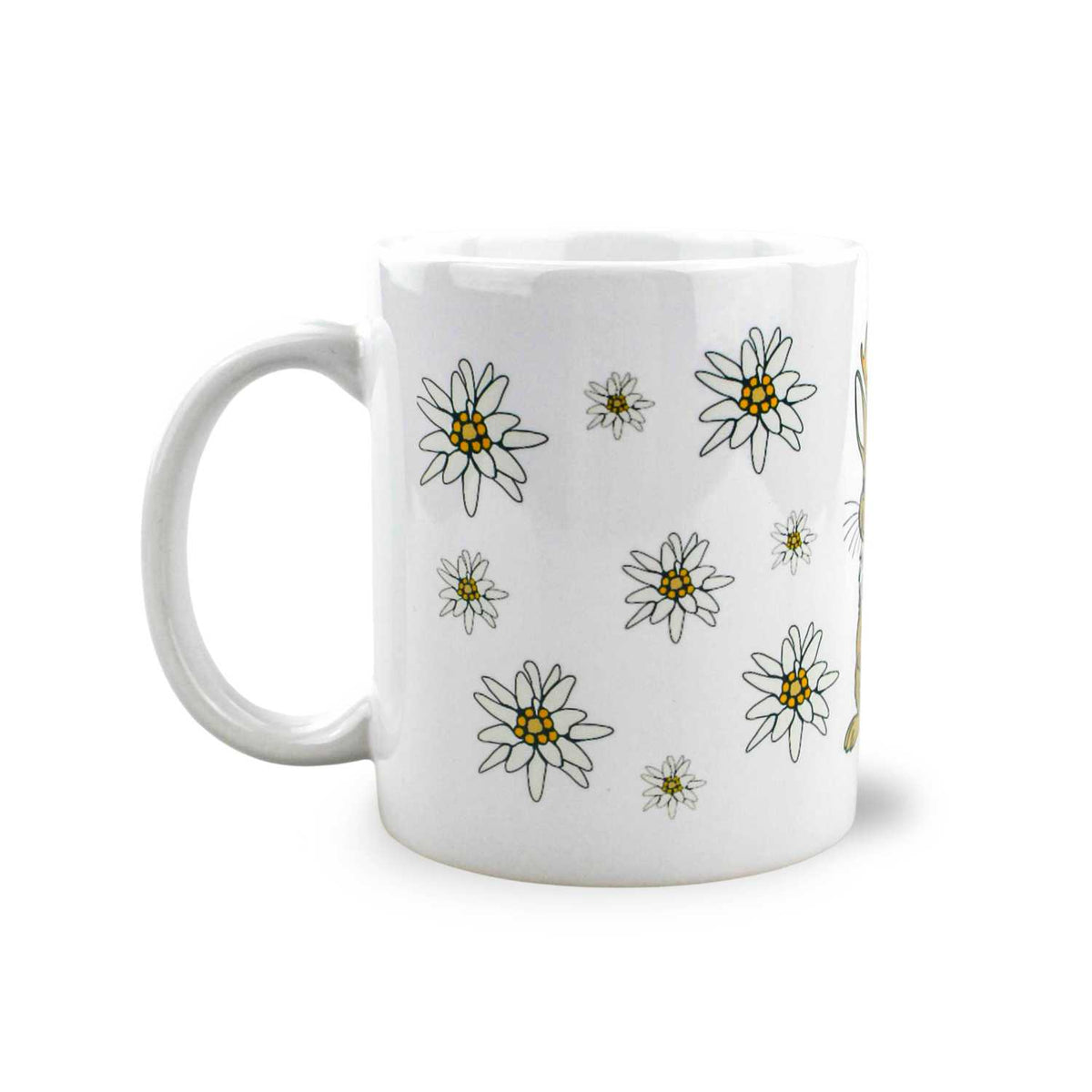 Weißes Kaffee Haferl Wolpertinger mit Edelweiss-Musterung und großem Henkel, Seitenansicht freigestellt.