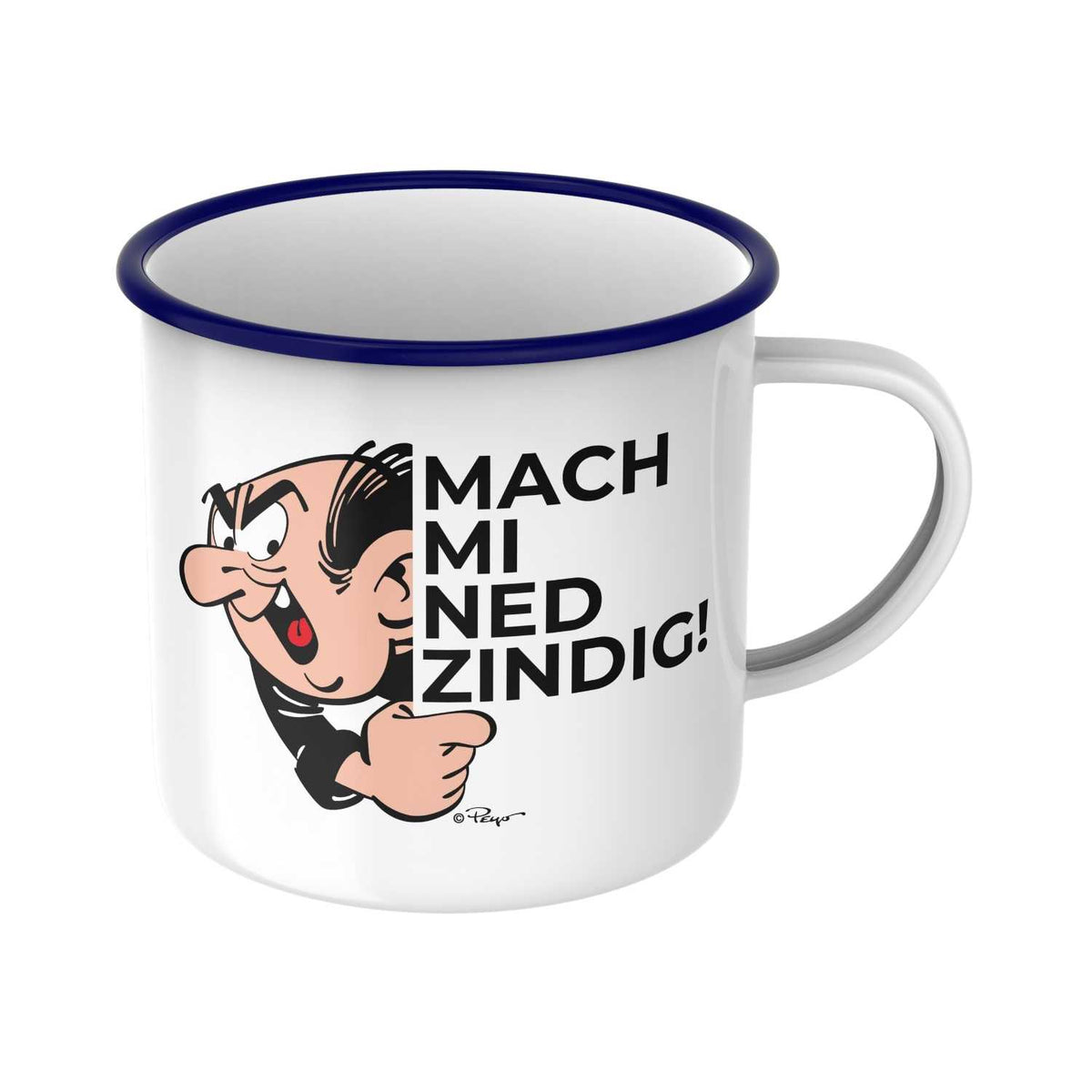 Schlümpfe Emailletasse "Mach mi ned zindig" mit dem Charakter Grantiger Schlumpf und Spruch auf weißem Hintergrund.