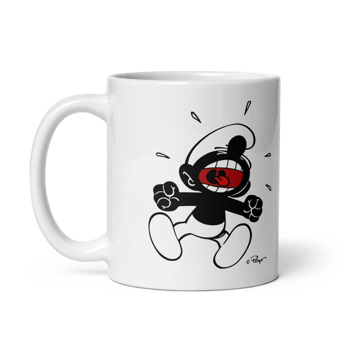 Die Schlümpfe Tasse "Himme Herrgott" mit schwarz-weißem Comic-Schlumpf, der lachend rote Zunge zeigt.