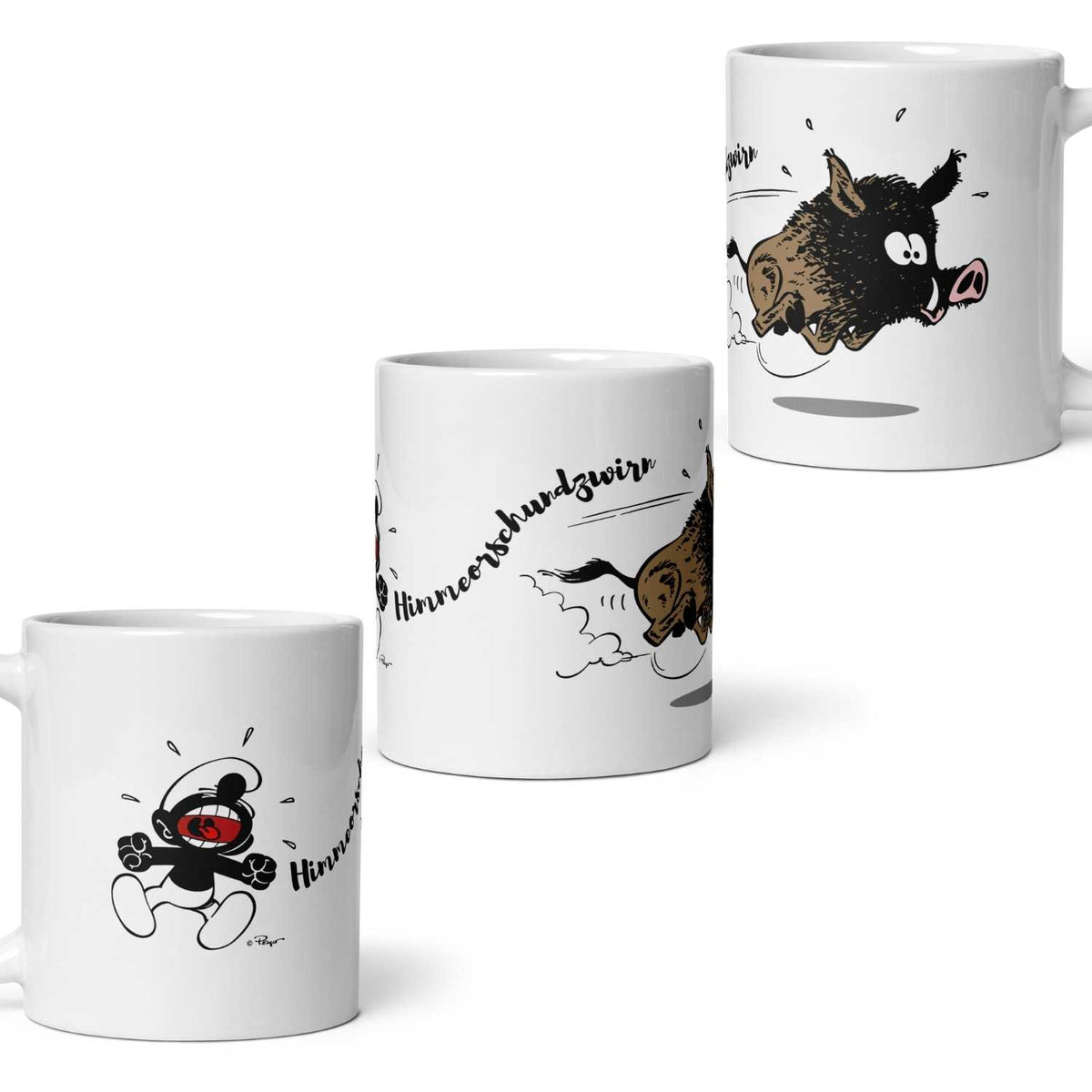 Die Schlümpfe Tasse "Himmeorschundzwirn" weiß mit wütendem Schlumpf und rennendem Wildschwein Comic-Motiv.