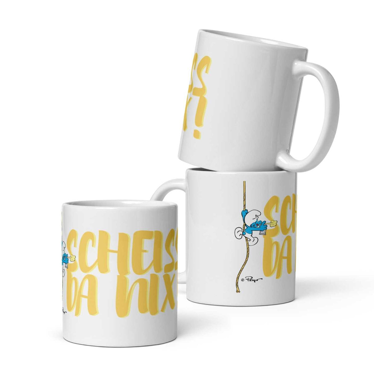 Drei weiße ®Die Schlümpfe Tassen mit gelbem Schriftzug Scheiß da nix und kletterndem Schlumpf.