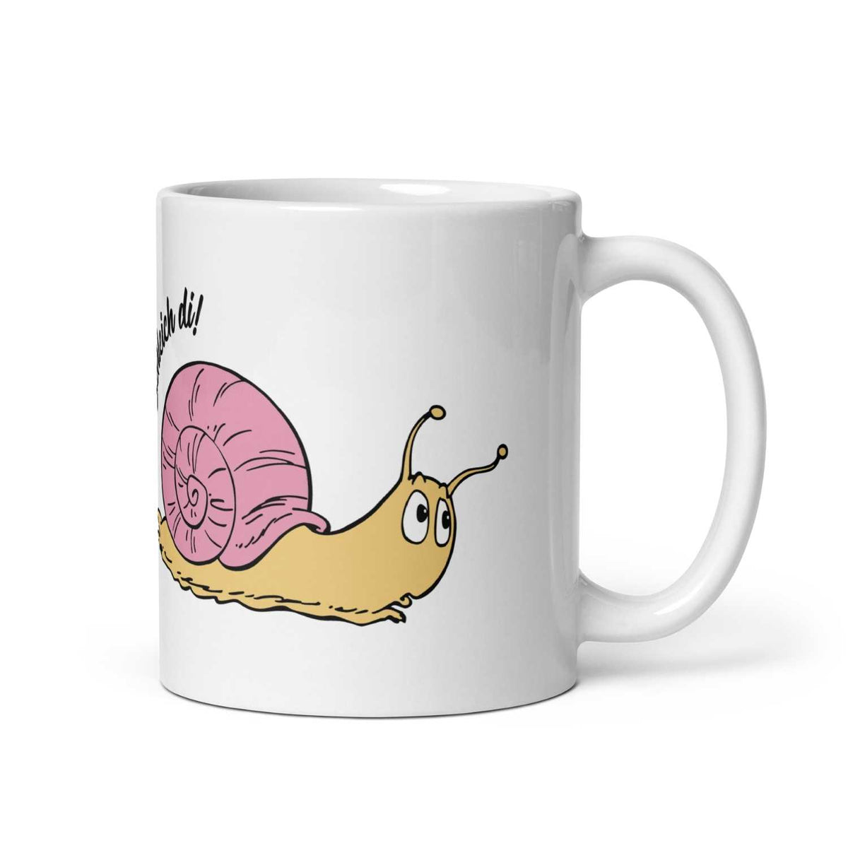 Weißer Kaffeebecher "Schleich di" mit Cartoon-Schnecke, rosa Gehäuse und lustigem Spruch.
