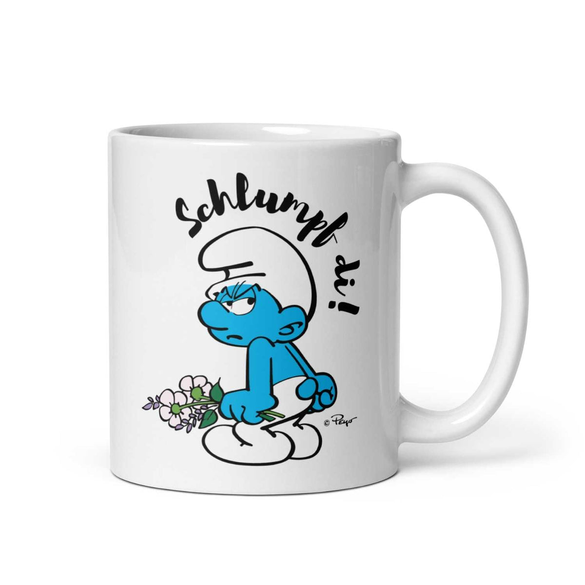 Weiße Schlumpf di! Tasse mit einem grummeligen Schlumpf, der Blumen hält und dem Schriftzug Schlumpf di!