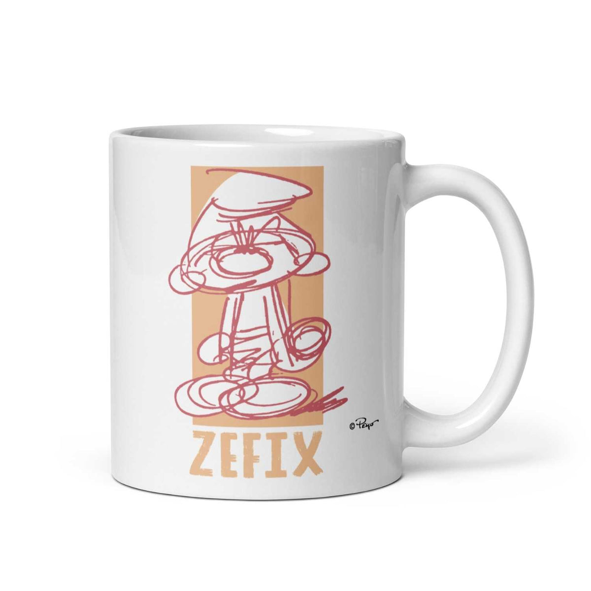Weiße ®Die Schlümpfe Tasse "Zefix" mit roter Skizze eines mürrischen Schlumpfes auf orangefarbenem Hintergrund, Keramikbecher.