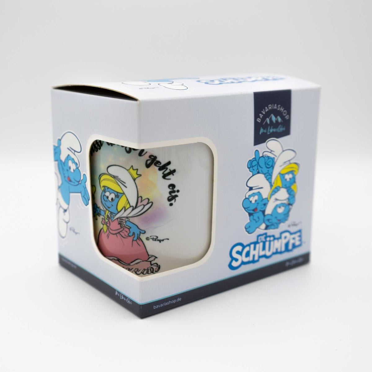 ®Die Schlümpfe Tasse Glitzer in Geschenkverpackung mit Abbildung von Schlumpfine und Sprüchen.