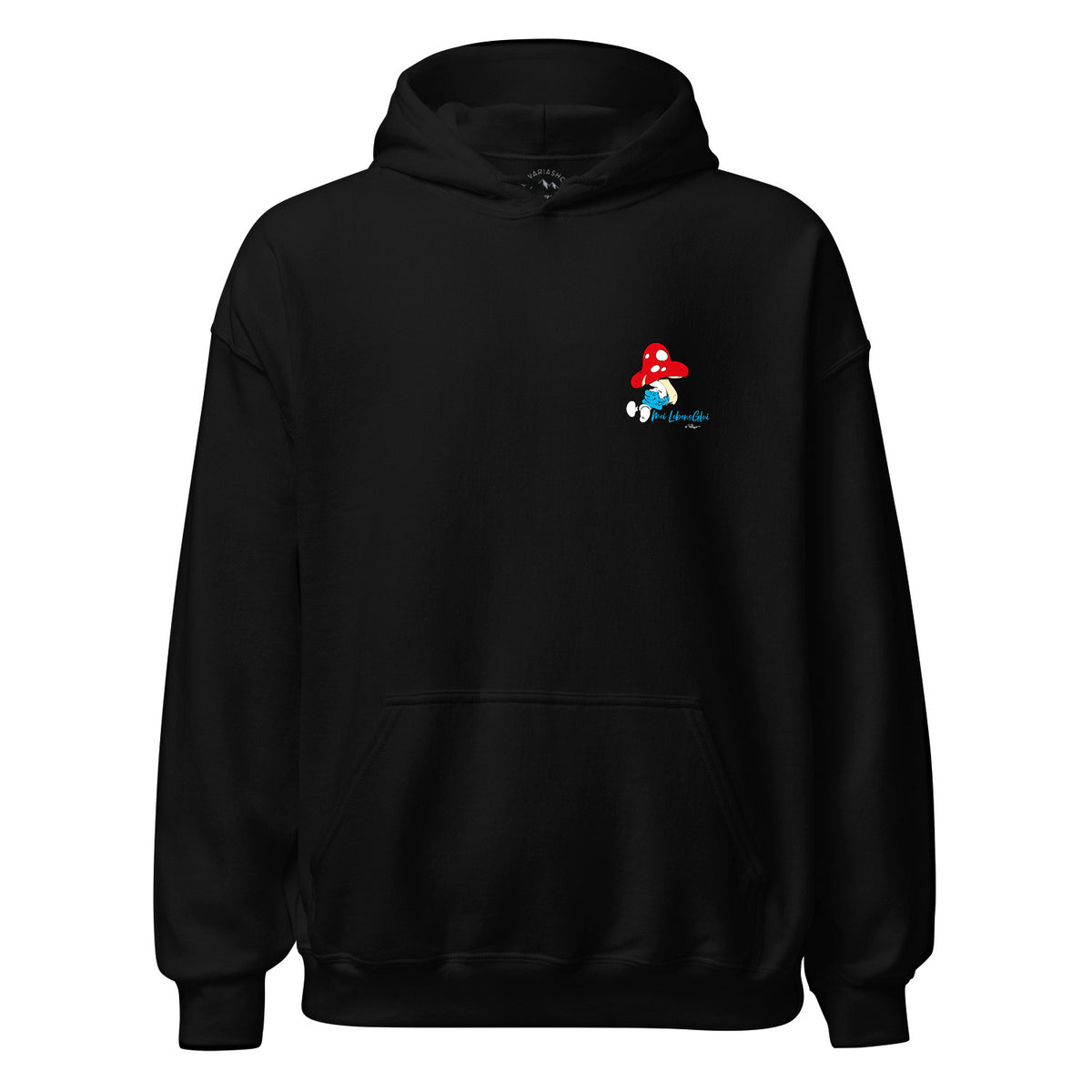Schwarzer ®Die Schlümpfe Herren Hoodie Do legst di nieda mit Pilz-Motiv und blauem Schlumpf auf der Brust.