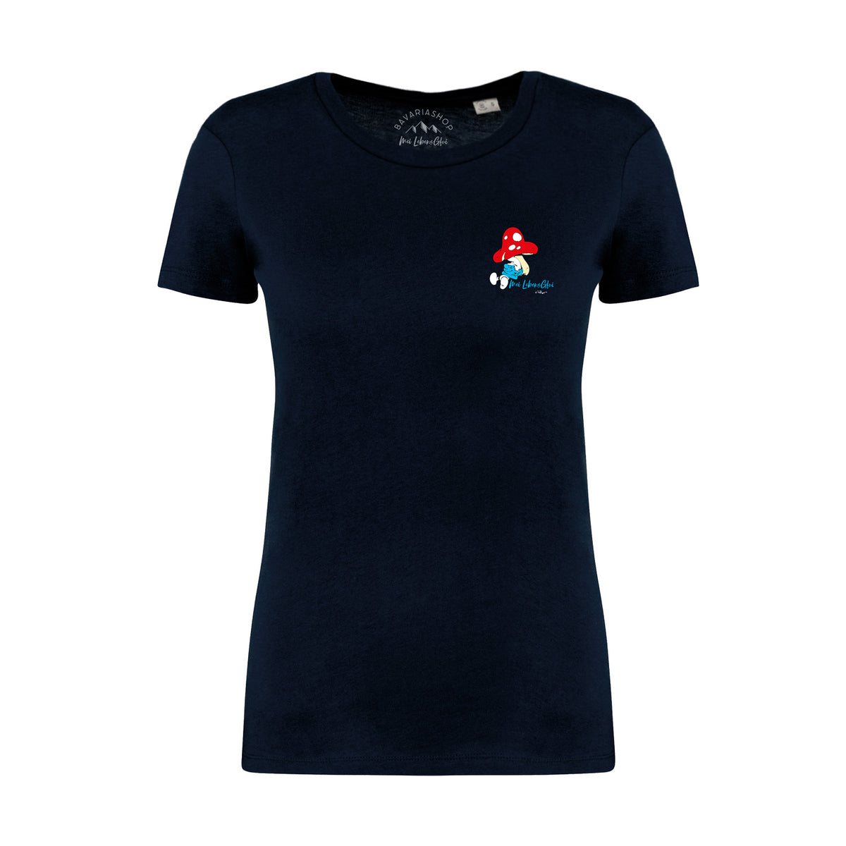 Schlümpfe Damen T-Shirt Do legst di nieda in Dunkelblau mit Schlumpf im Fliegenpilz-Design