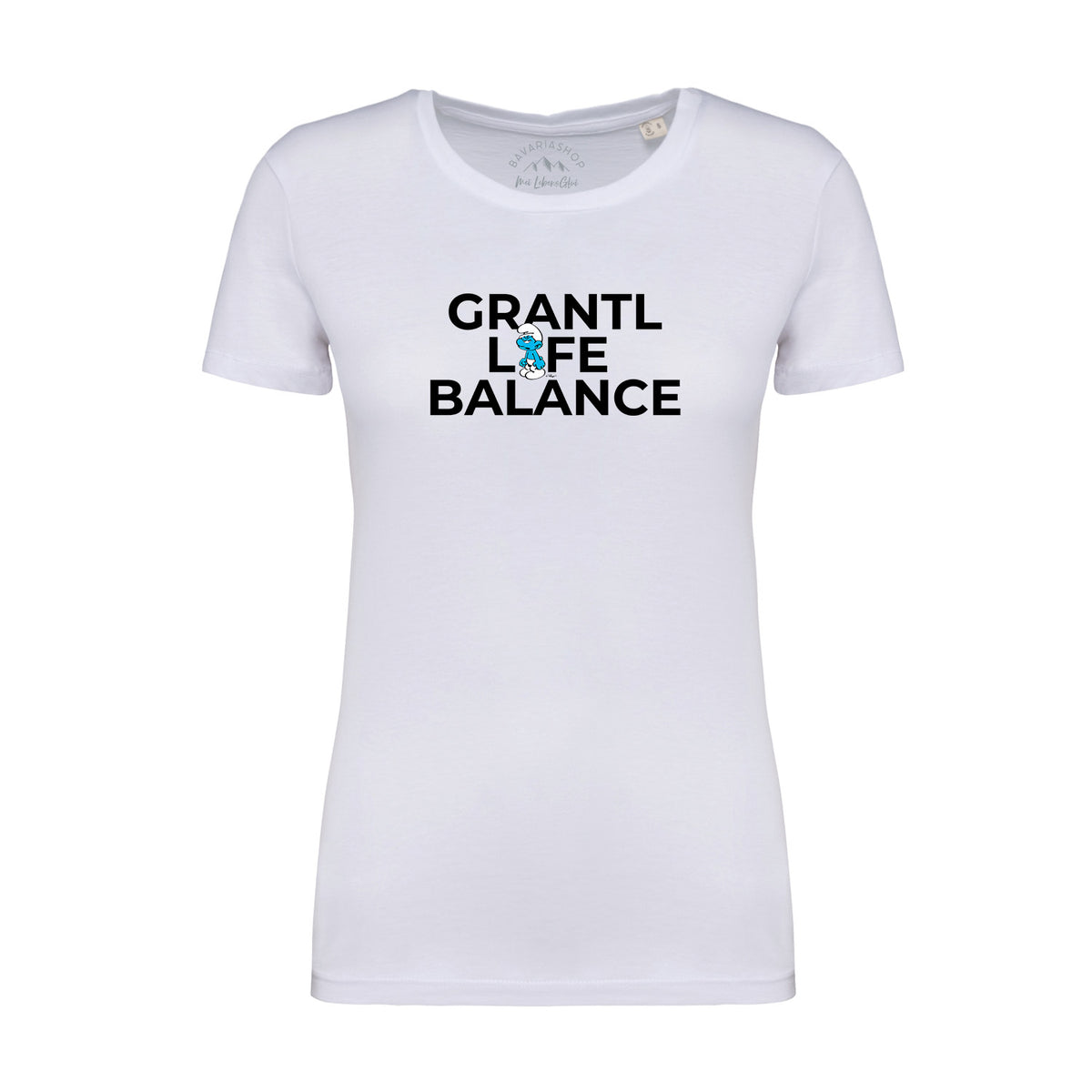 Weißes Schlümpfe Damen T-Shirt "Grantl Life Balance" mit großem schwarzem Schriftzug und Schlumpf-Motiv