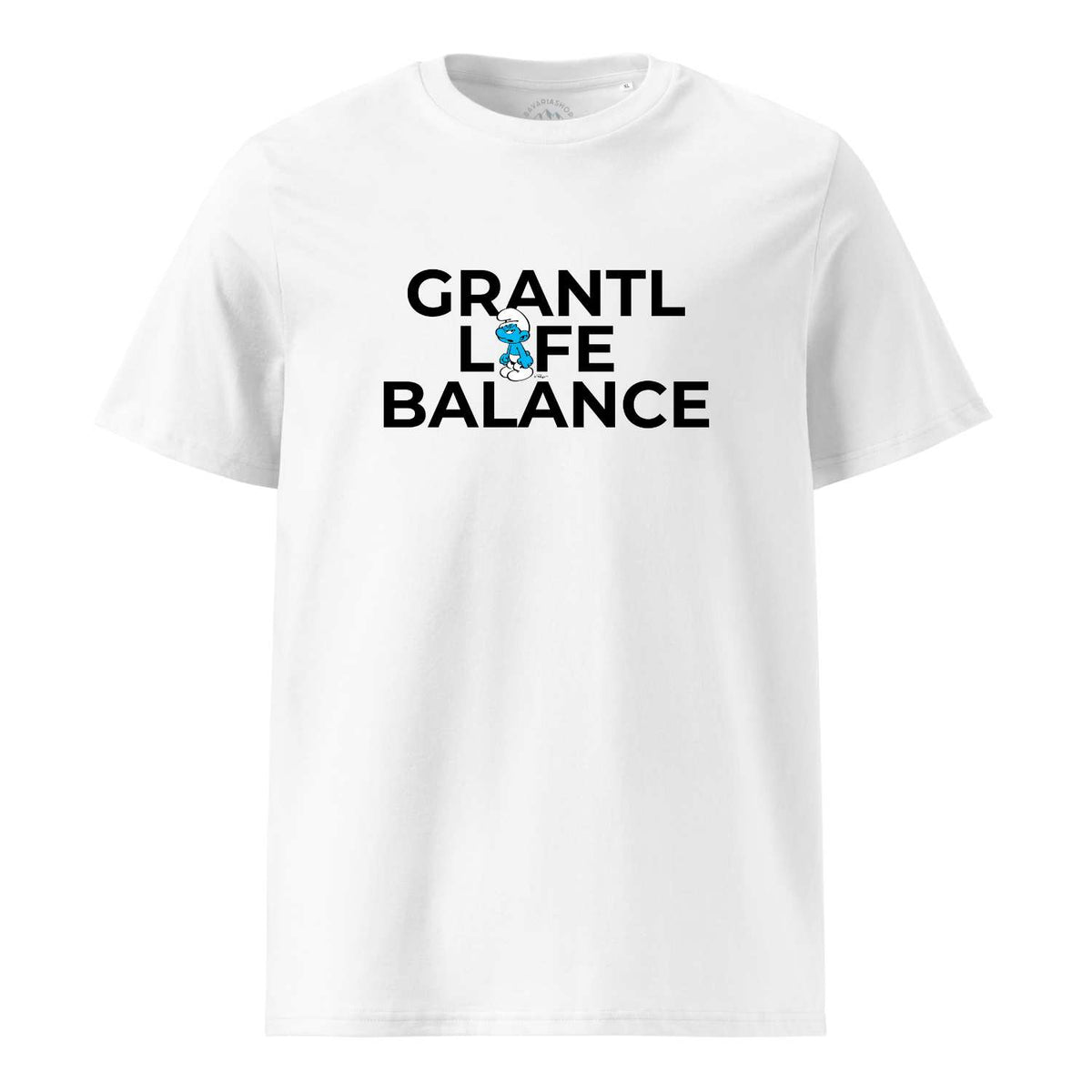 Weißes Schlumpf Herren T-Shirt "Grantl Life Balance" mit schlafendem Schlumpf und schwarzem Druck.