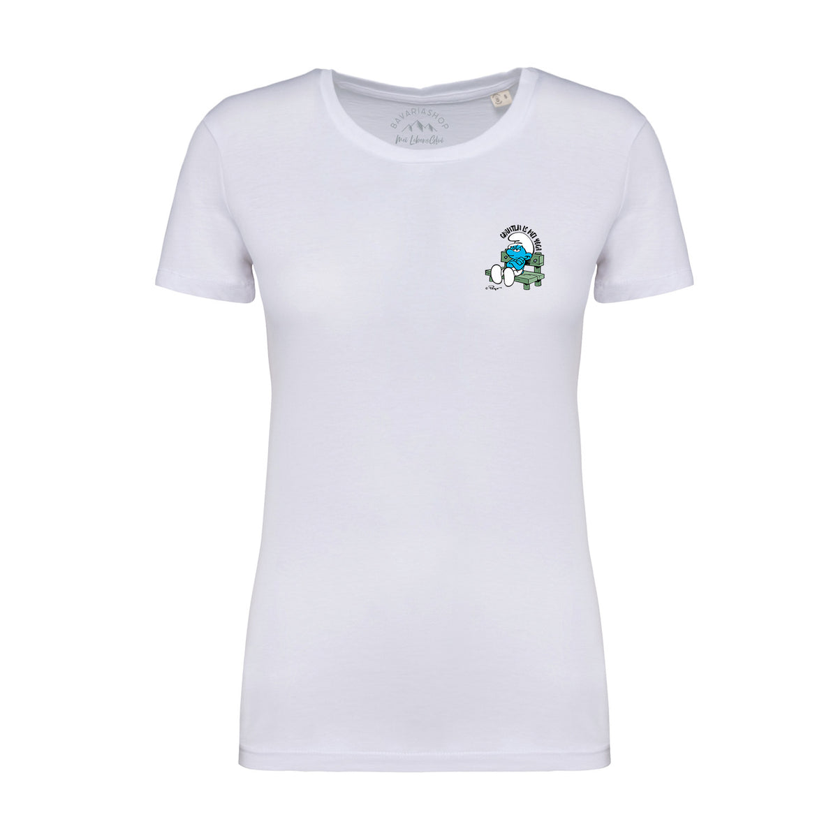 Weißes Damen T-Shirt Die Schlümpfe Grantln is mei Yoga mit Schimpfschlumpf Motiv auf Holzbank