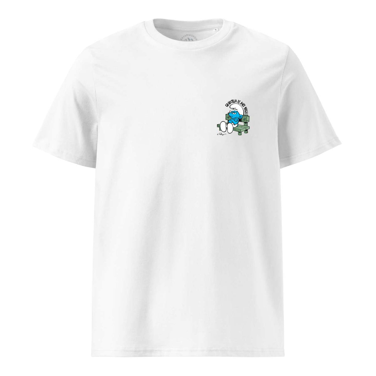 Weißes Schlümpfe Herren T-Shirt Grantln is mei Yoga mit Schtroumpf-Motiv auf einer Bank