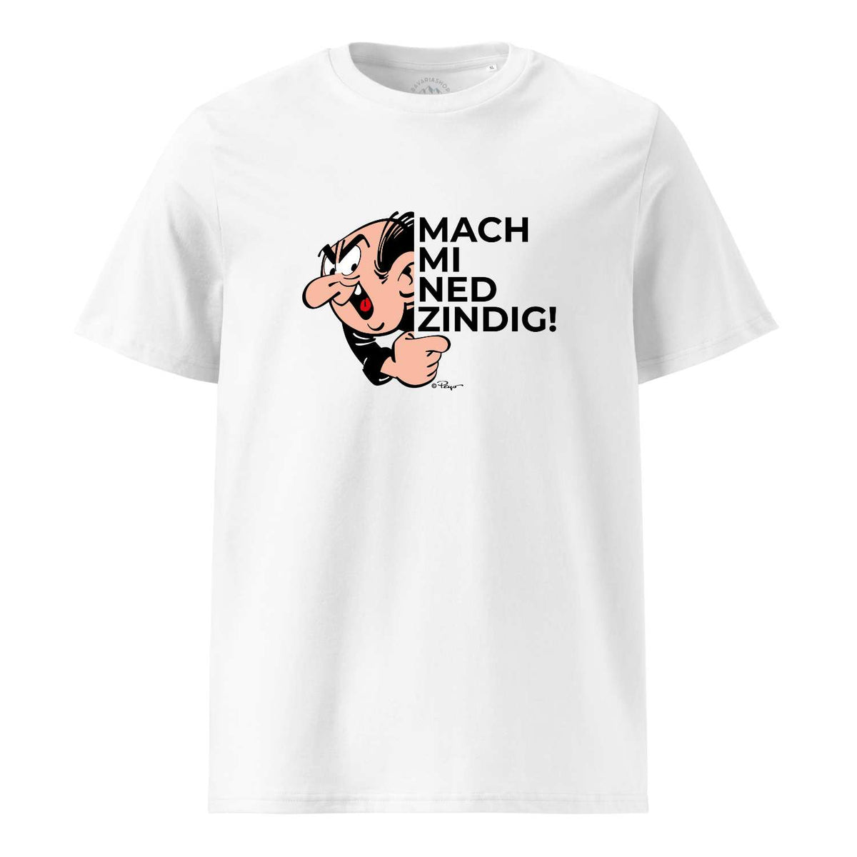 Weißes ®Die Schlümpfe Herren T-Shirt "Mach mi ned zindig" mit Gargamel Motiv und Schriftzug, kurzärmelig.