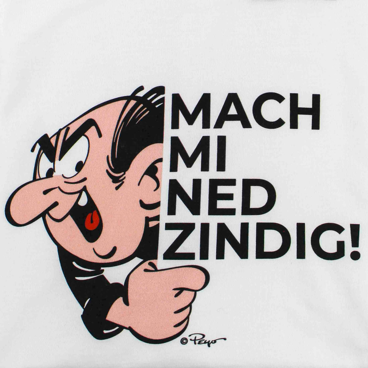 Die Schlümpfe Herren T-Shirt "Mach mi ned zindig" mit Gargamel, der wütend schimpft und auf den Text zeigt.