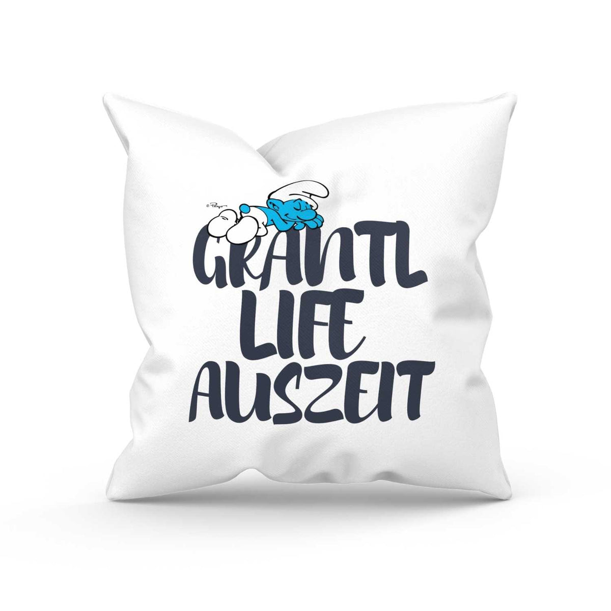 Weißes Schlümpfe Grantl Life Auszeit Kuschelkissen mit schlafendem Schlumpf und Schriftzug auf der Vorderseite