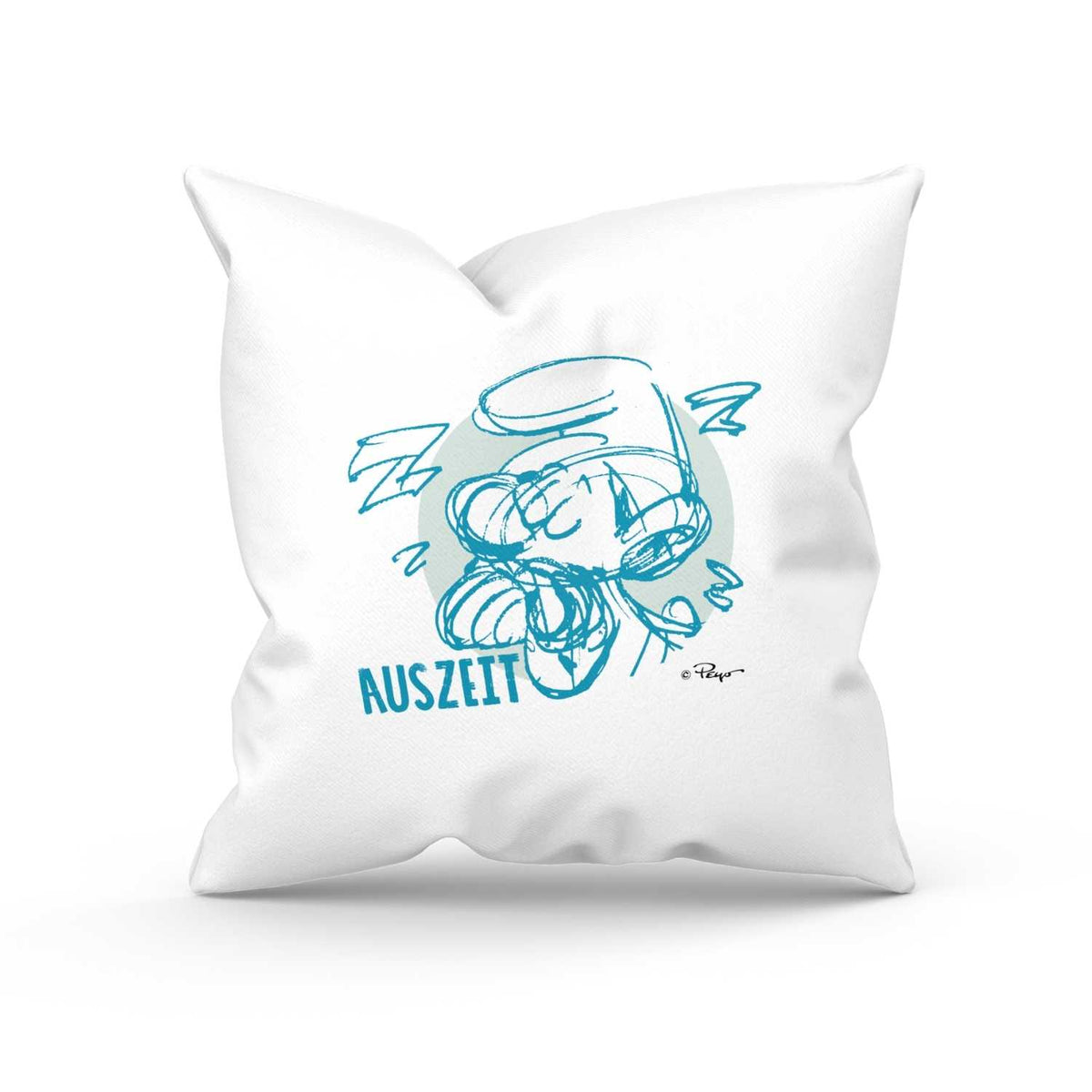 Schlümpfe Auszeit Kuschelkissen, weiß mit schlafendem Schlumpf und "Auszeit" Schriftzug in Blau.