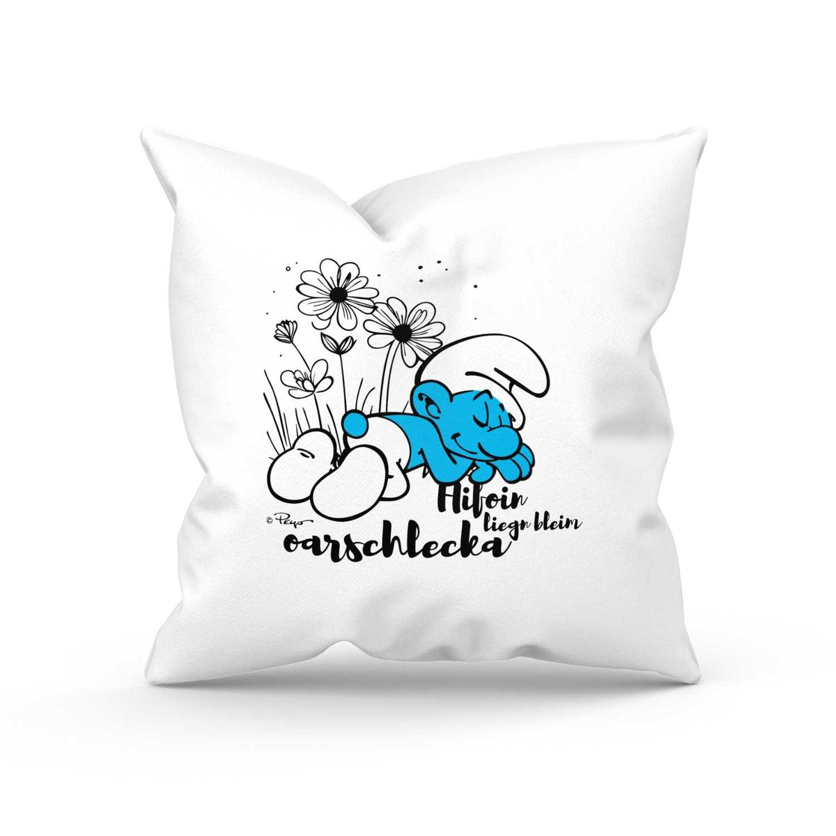 Weißes ®Die Schlümpfe "Hifoin, liegn bleim, oarschlecka" Kuschelkissen mit schlafendem Schlumpf und Blumenmotiv.