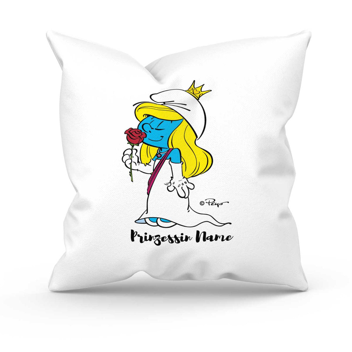 Weißes personalisiertes Schlumpf Kuschelkissen mit Prinzessin Schlumpfine, goldener Krone und roter Rose.